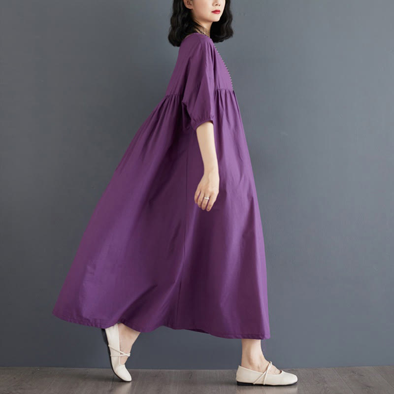 Buddha Stones Solid Color Pleated Design Crew Neck Half Puff Sleeve Cotton Midi Dress - image 2