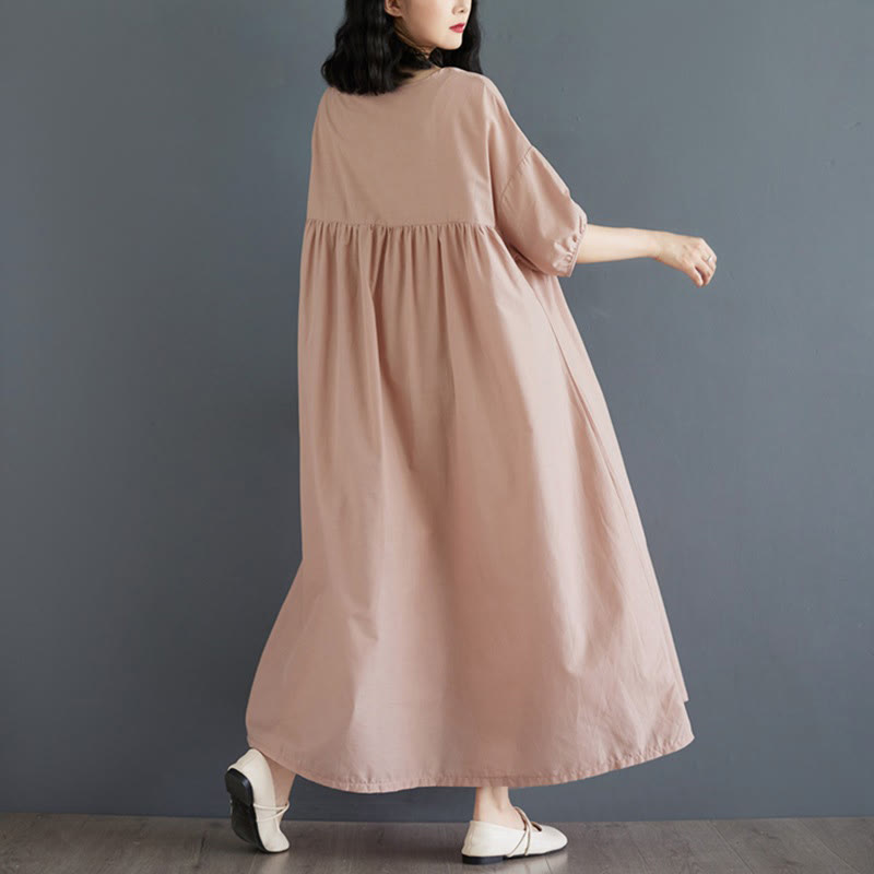 Buddha Stones Solid Color Pleated Design Crew Neck Half Puff Sleeve Cotton Midi Dress - image 45
