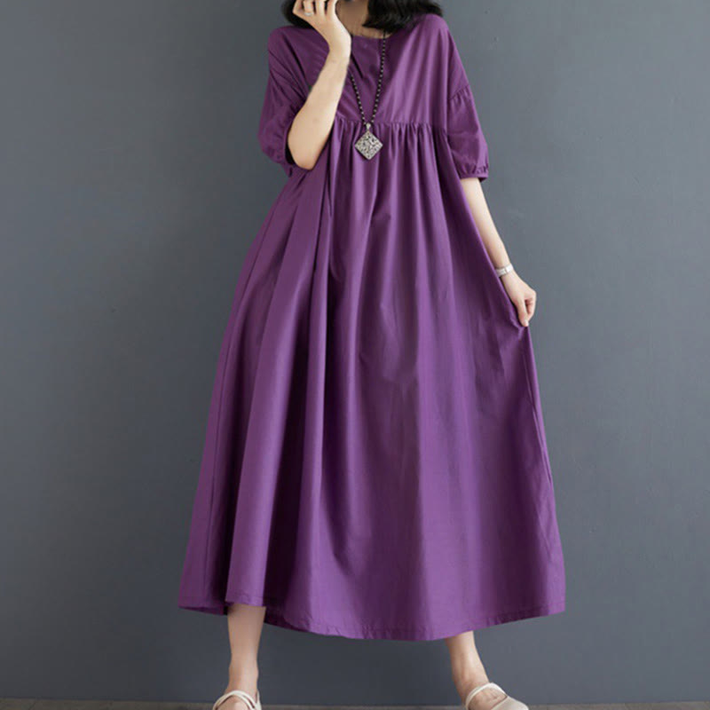 Buddha Stones Solid Color Pleated Design Crew Neck Half Puff Sleeve Cotton Midi Dress - Purple - US14，UK/AU18，EU46 (2XL) - image 0