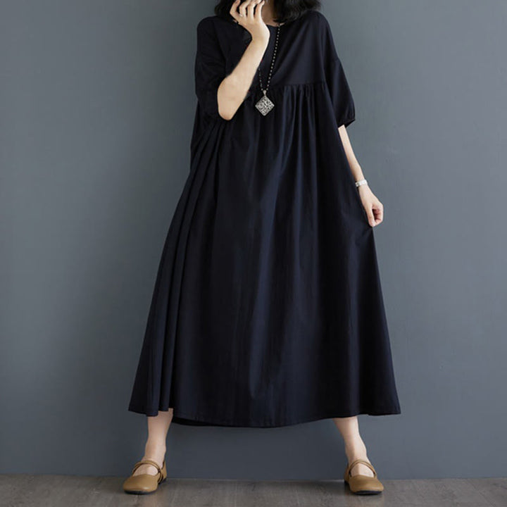 Buddha Stones Solid Color Pleated Design Crew Neck Half Puff Sleeve Cotton Midi Dress - Black - US14，UK/AU18，EU46 (2XL) - image 31
