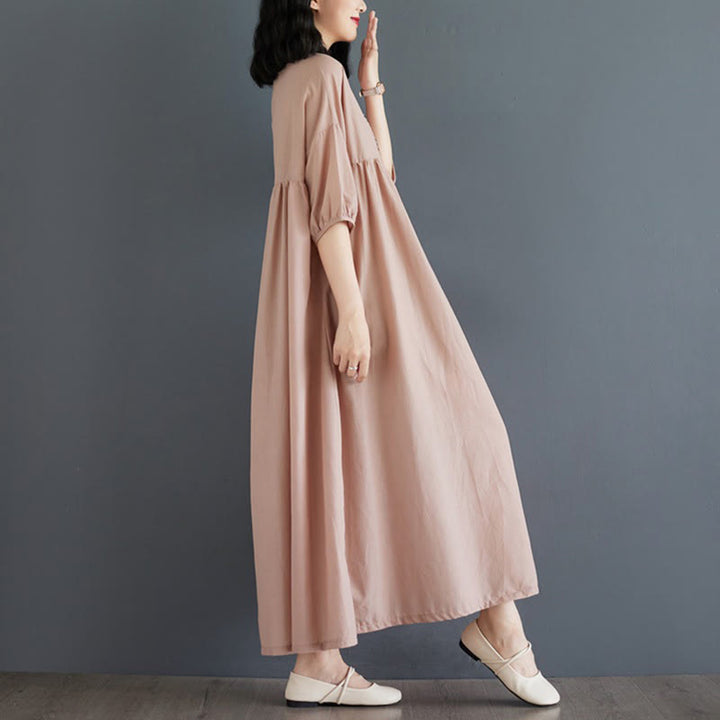 Buddha Stones Solid Color Pleated Design Crew Neck Half Puff Sleeve Cotton Midi Dress - image 44