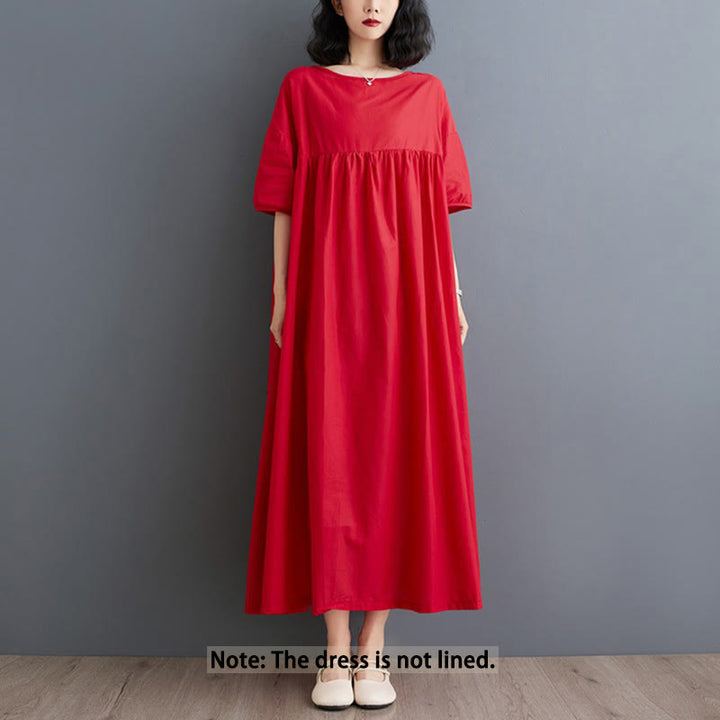 Buddha Stones Solid Color Pleated Design Crew Neck Half Puff Sleeve Cotton Midi Dress - image 21