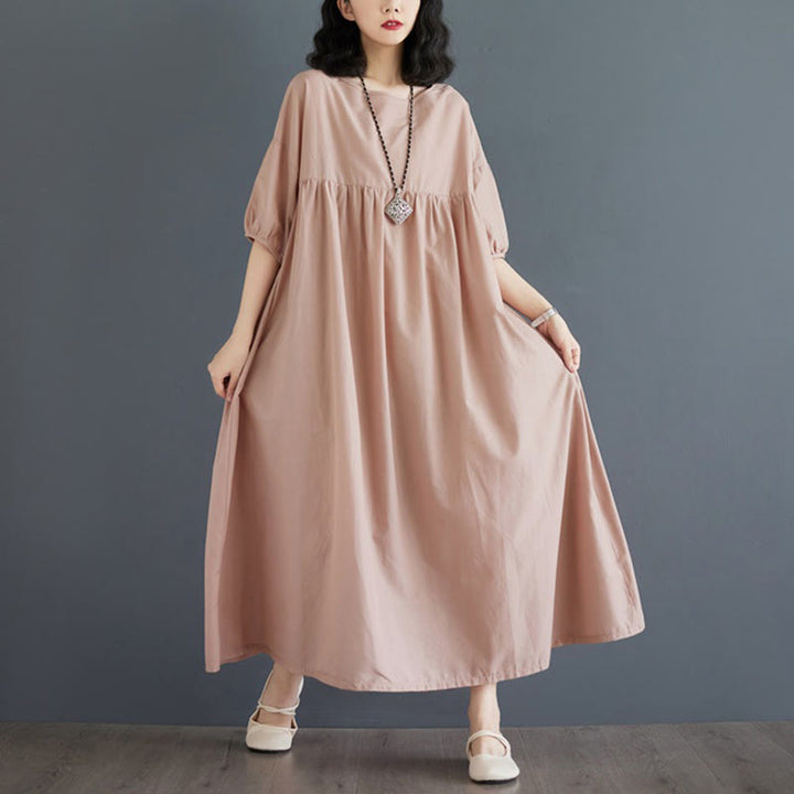 Buddha Stones Solid Color Pleated Design Crew Neck Half Puff Sleeve Cotton Midi Dress - image 43