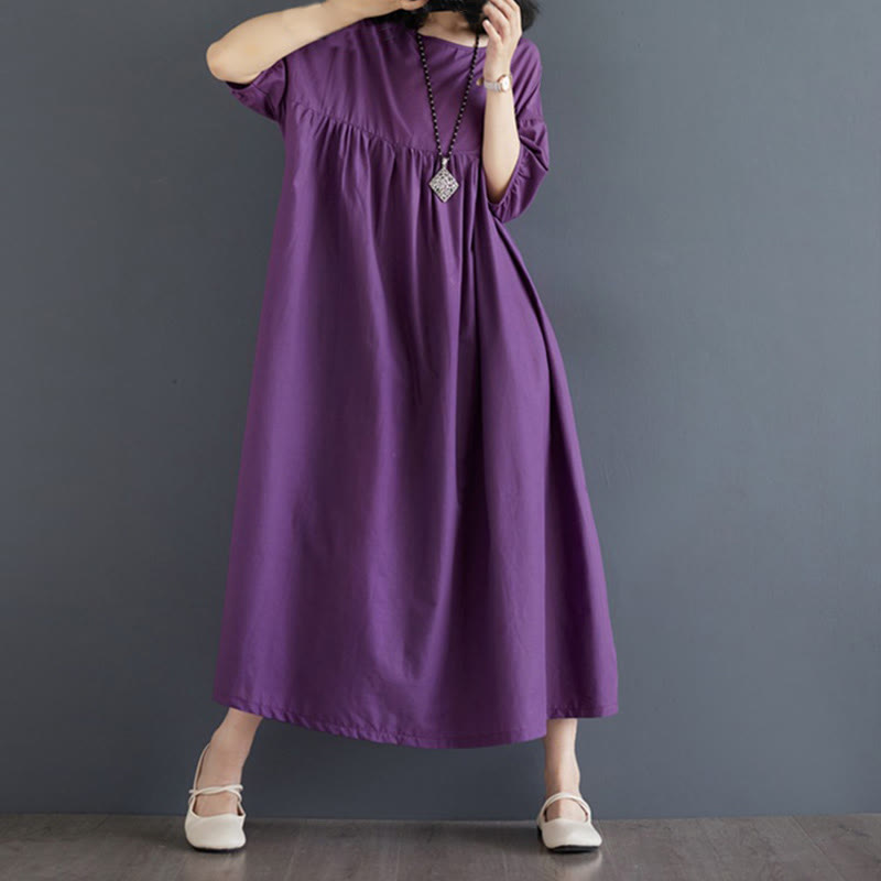 Buddha Stones Solid Color Pleated Design Crew Neck Half Puff Sleeve Cotton Midi Dress - image 3