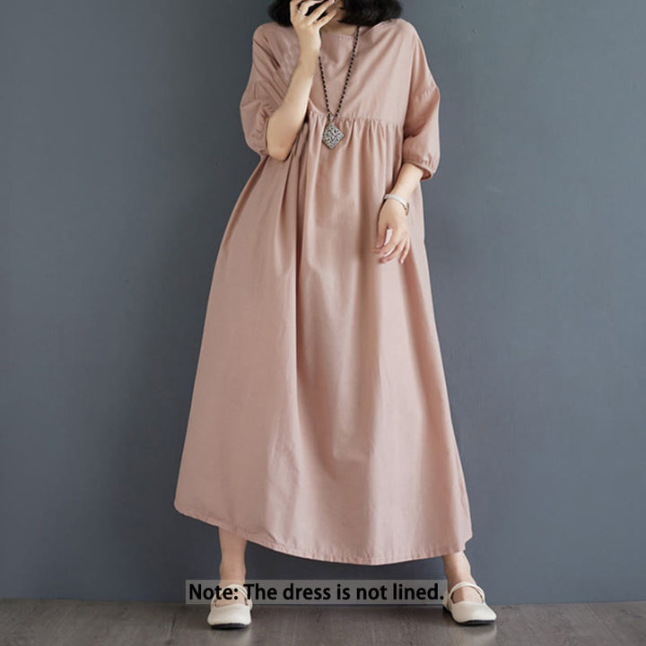Buddha Stones Solid Color Pleated Design Crew Neck Half Puff Sleeve Cotton Midi Dress - image 41