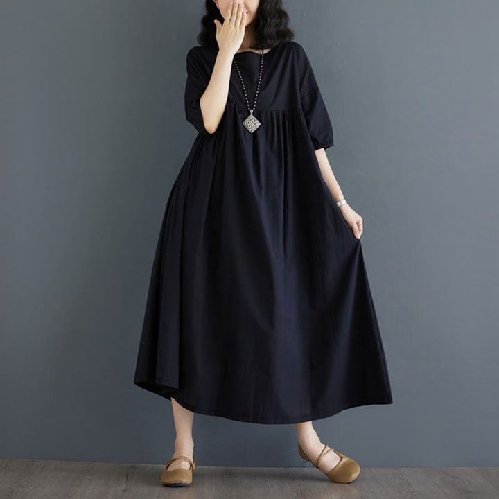 Buddha Stones Solid Color Pleated Design Crew Neck Half Puff Sleeve Cotton Midi Dress - image 33
