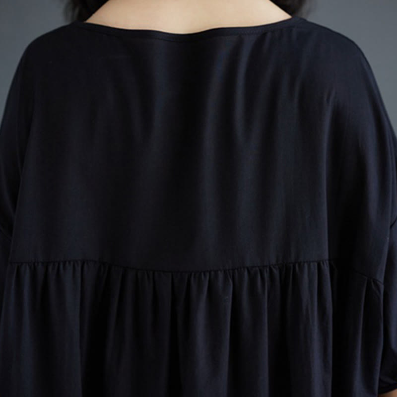 Buddha Stones Solid Color Pleated Design Crew Neck Half Puff Sleeve Cotton Midi Dress - image 37