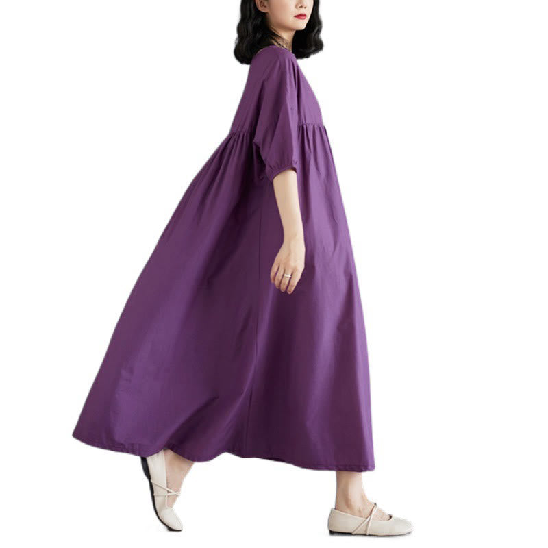 Buddha Stones Solid Color Pleated Design Crew Neck Half Puff Sleeve Cotton Midi Dress - image 5