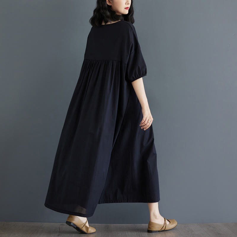 Buddha Stones Solid Color Pleated Design Crew Neck Half Puff Sleeve Cotton Midi Dress - image 35