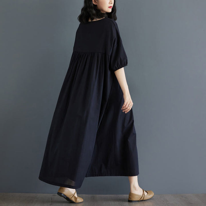 Buddha Stones Solid Color Pleated Design Crew Neck Half Puff Sleeve Cotton Midi Dress - image 35