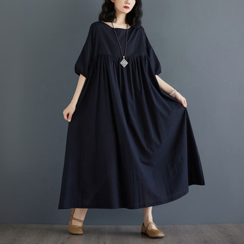 Buddha Stones Solid Color Pleated Design Crew Neck Half Puff Sleeve Cotton Midi Dress - image 34