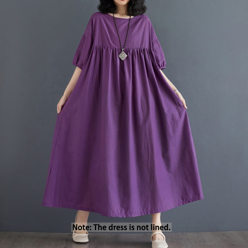 Buddha Stones Solid Color Pleated Design Crew Neck Half Puff Sleeve Cotton Midi Dress - image 1