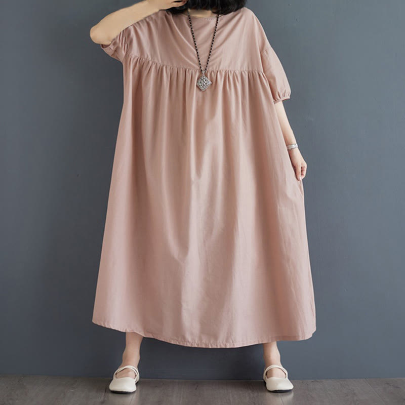 Buddha Stones Solid Color Pleated Design Crew Neck Half Puff Sleeve Cotton Midi Dress - image 42