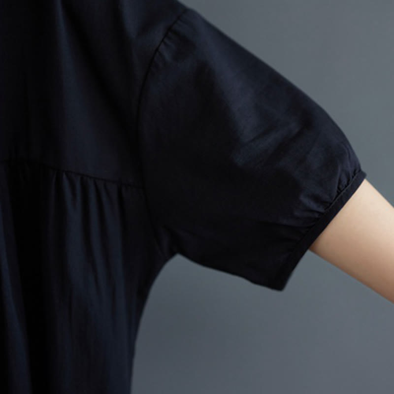 Buddha Stones Solid Color Pleated Design Crew Neck Half Puff Sleeve Cotton Midi Dress - image 38