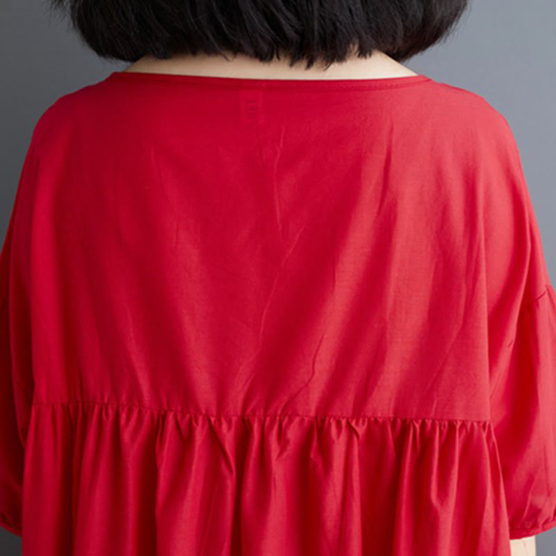 Buddha Stones Solid Color Pleated Design Crew Neck Half Puff Sleeve Cotton Midi Dress - image 29