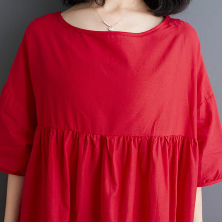 Buddha Stones Solid Color Pleated Design Crew Neck Half Puff Sleeve Cotton Midi Dress - image 28