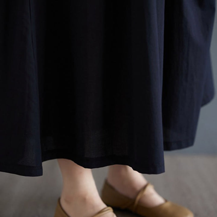 Buddha Stones Solid Color Pleated Design Crew Neck Half Puff Sleeve Cotton Midi Dress - image 39