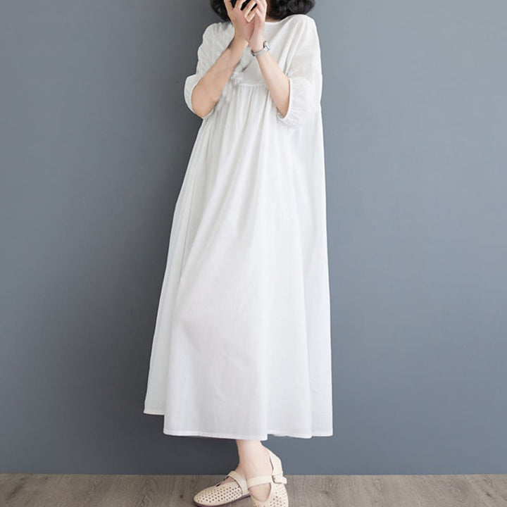 Buddha Stones Solid Color Pleated Design Crew Neck Half Puff Sleeve Cotton Midi Dress - image 11