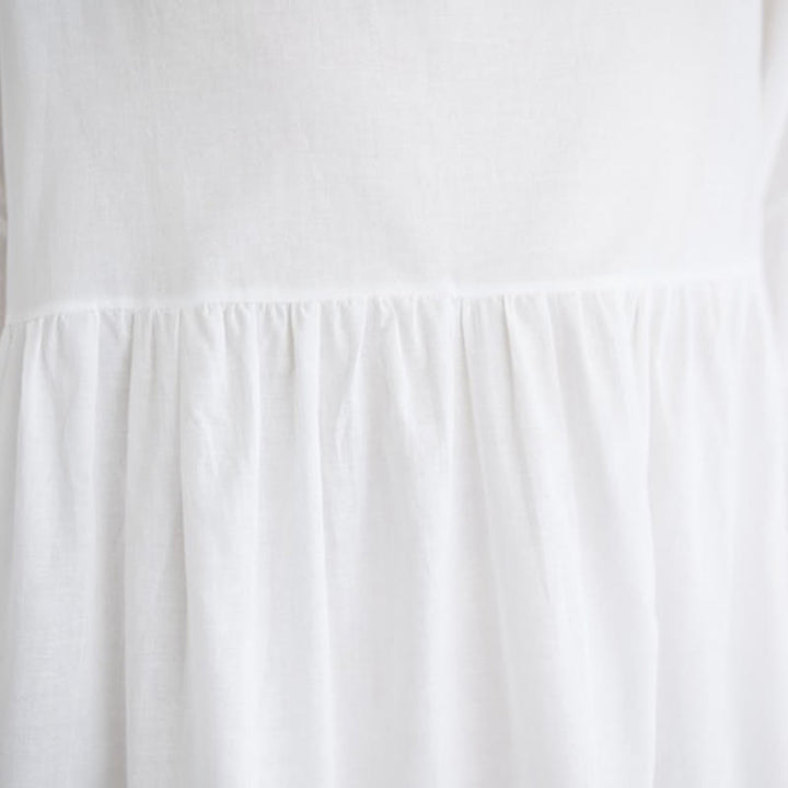 Buddha Stones Solid Color Pleated Design Crew Neck Half Puff Sleeve Cotton Midi Dress - image 17