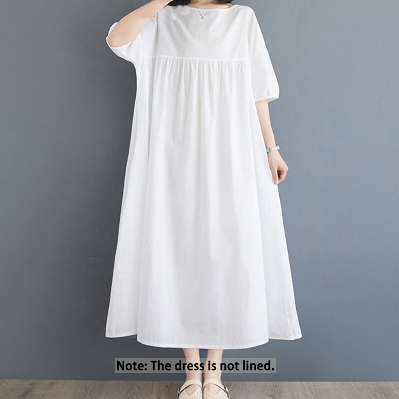 Buddha Stones Solid Color Pleated Design Crew Neck Half Puff Sleeve Cotton Midi Dress - image 7