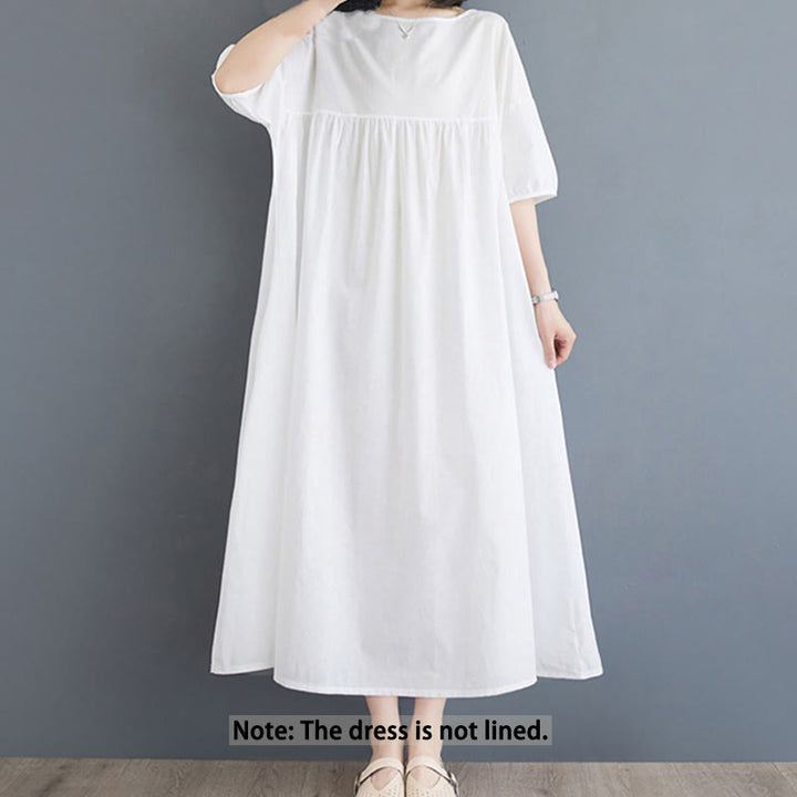 Buddha Stones Solid Color Pleated Design Crew Neck Half Puff Sleeve Cotton Midi Dress - image 7