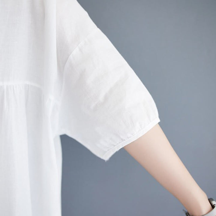 Buddha Stones Solid Color Pleated Design Crew Neck Half Puff Sleeve Cotton Midi Dress - image 19