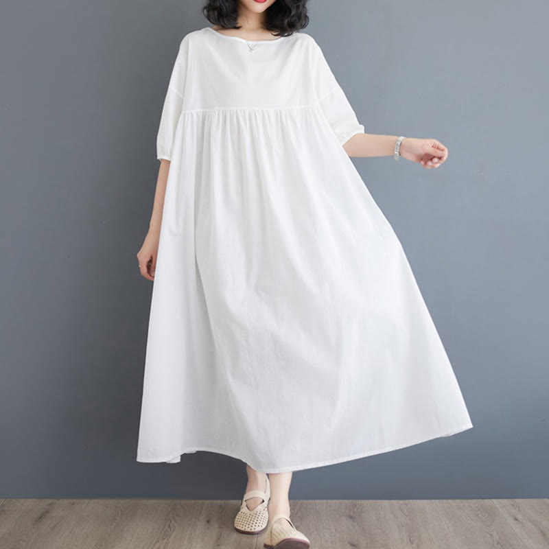 Buddha Stones Solid Color Pleated Design Crew Neck Half Puff Sleeve Cotton Midi Dress - image 10