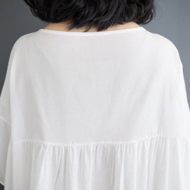 Buddha Stones Solid Color Pleated Design Crew Neck Half Puff Sleeve Cotton Midi Dress - image 16
