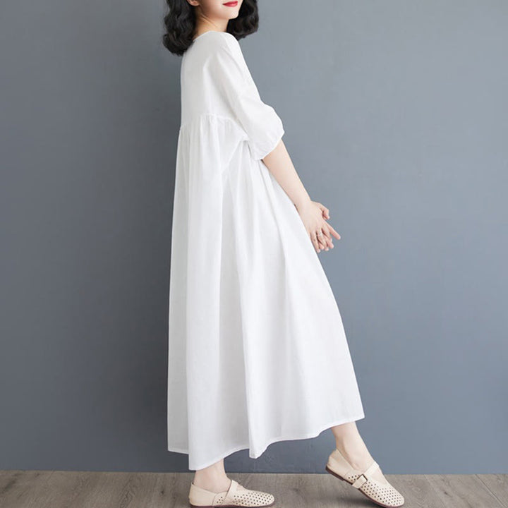 Buddha Stones Solid Color Pleated Design Crew Neck Half Puff Sleeve Cotton Midi Dress - image 9