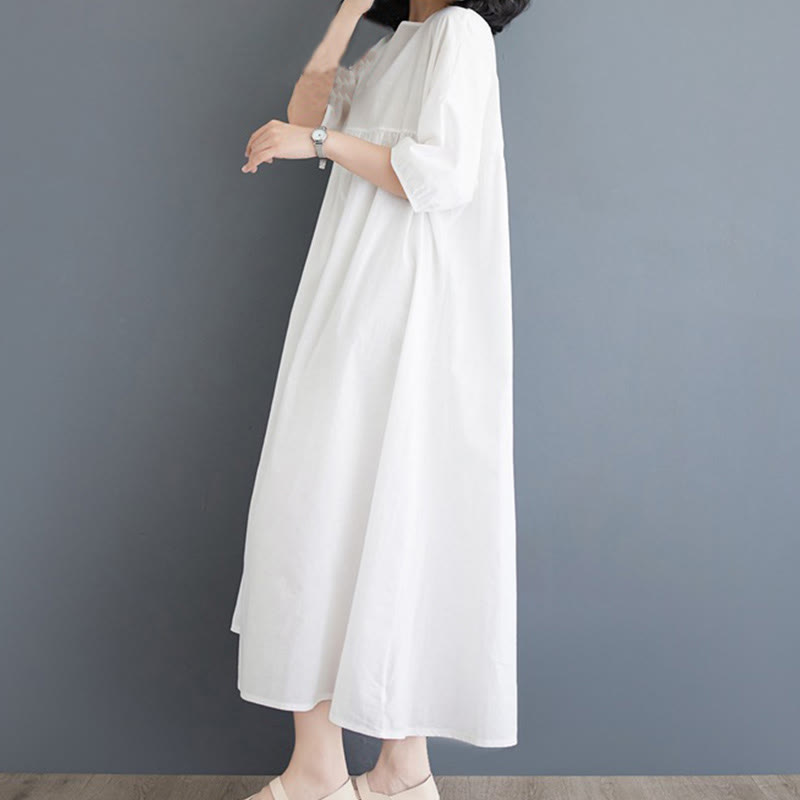 Buddha Stones Solid Color Pleated Design Crew Neck Half Puff Sleeve Cotton Midi Dress - image 12