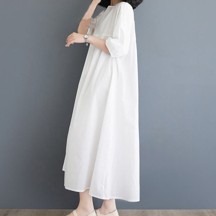 Buddha Stones Solid Color Pleated Design Crew Neck Half Puff Sleeve Cotton Midi Dress - image 12
