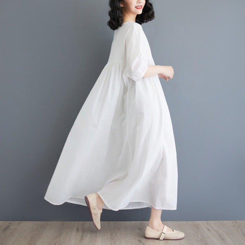 Buddha Stones Solid Color Pleated Design Crew Neck Half Puff Sleeve Cotton Midi Dress - image 14