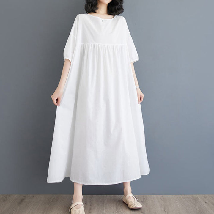 Buddha Stones Solid Color Pleated Design Crew Neck Half Puff Sleeve Cotton Midi Dress - image 8