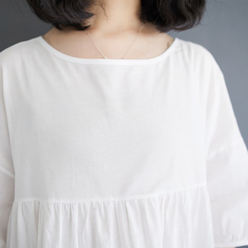 Buddha Stones Solid Color Pleated Design Crew Neck Half Puff Sleeve Cotton Midi Dress - image 15