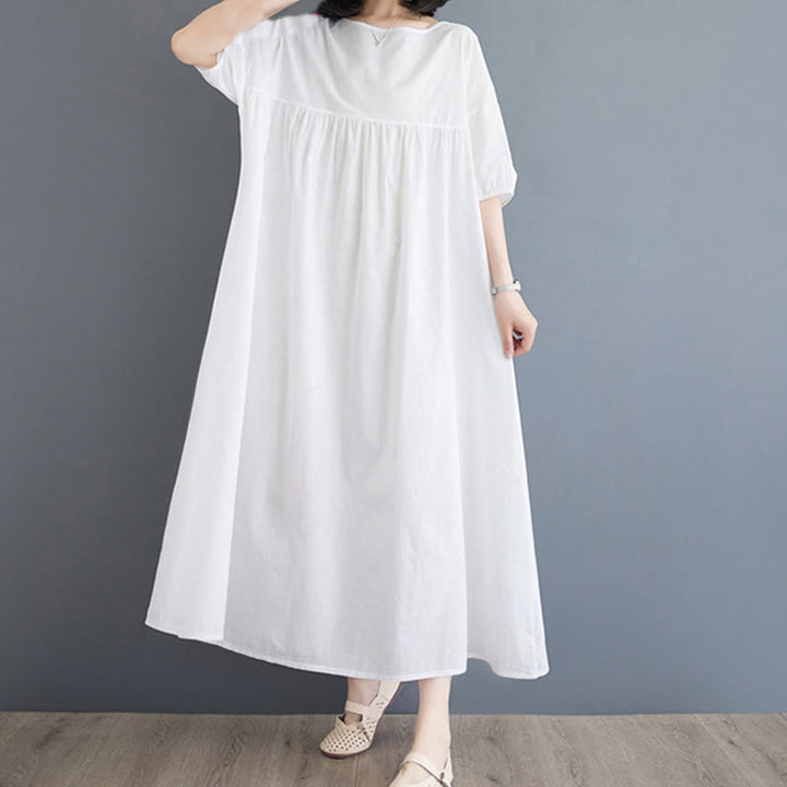 Buddha Stones Solid Color Pleated Design Crew Neck Half Puff Sleeve Cotton Midi Dress - image 13