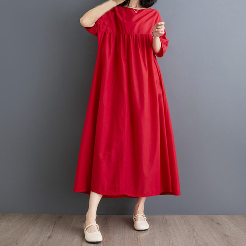 Buddha Stones Solid Color Pleated Design Crew Neck Half Puff Sleeve Cotton Midi Dress - image 24
