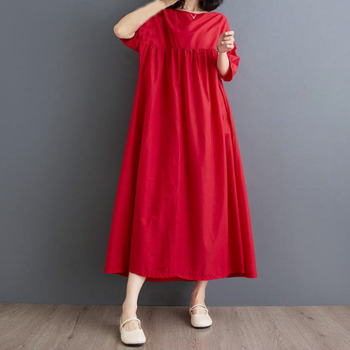 Buddha Stones Solid Color Pleated Design Crew Neck Half Puff Sleeve Cotton Midi Dress - image 24