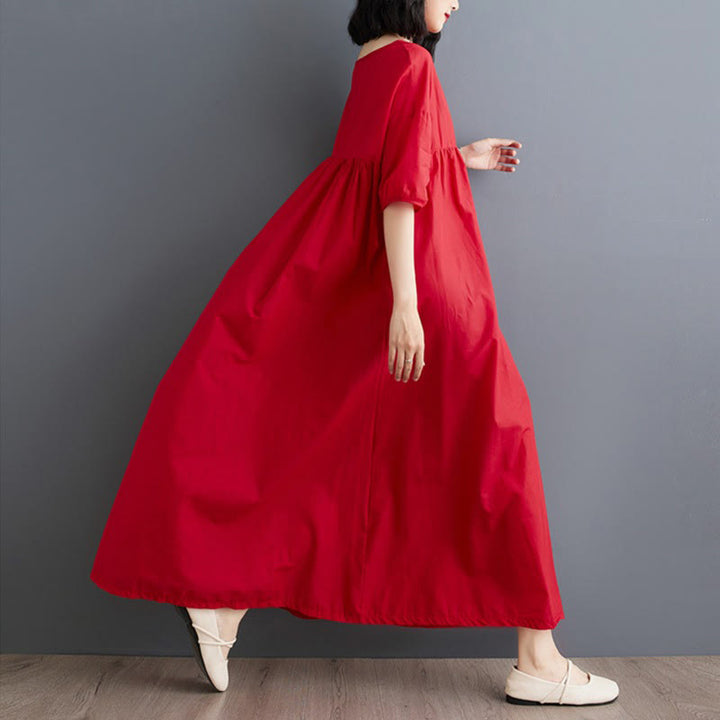 Buddha Stones Solid Color Pleated Design Crew Neck Half Puff Sleeve Cotton Midi Dress - image 27