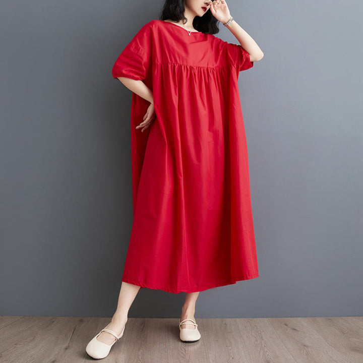 Buddha Stones Solid Color Pleated Design Crew Neck Half Puff Sleeve Cotton Midi Dress - image 23