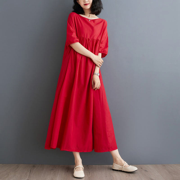 Buddha Stones Solid Color Pleated Design Crew Neck Half Puff Sleeve Cotton Midi Dress - image 25