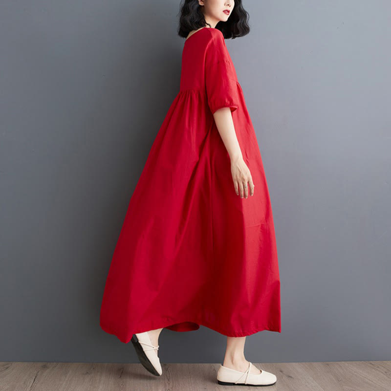Buddha Stones Solid Color Pleated Design Crew Neck Half Puff Sleeve Cotton Midi Dress - image 26