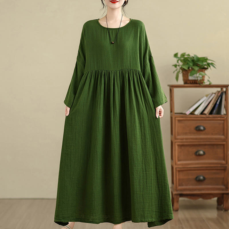 Buddha Stones Commute Pure Color Long Sleeve Cotton Linen Midi Dress With Pockets - ForestGreen - US4-12，UK/AU8-18，EU36-46(F) - image 12
