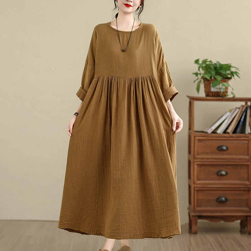 Buddha Stones Commute Pure Color Long Sleeve Cotton Linen Midi Dress With Pockets - Goldenrod - US4-12，UK/AU8-18，EU36-46(F) - image 0