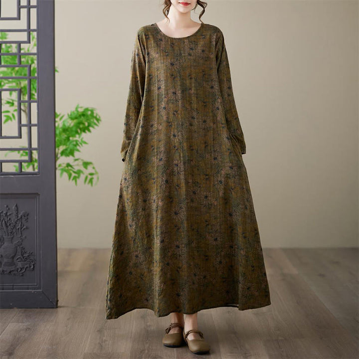 Buddha Stones Olive Printing Flower Long Sleeve Cotton Linen Maxi Dress With Pockets - image 4