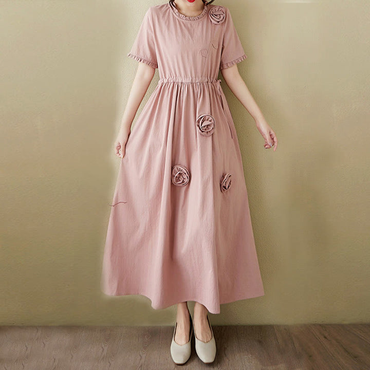 Buddha Stones Three-Dimensional Flower Ruffled Short Sleeve Cotton Linen Midi Dress With Pockets - image 4