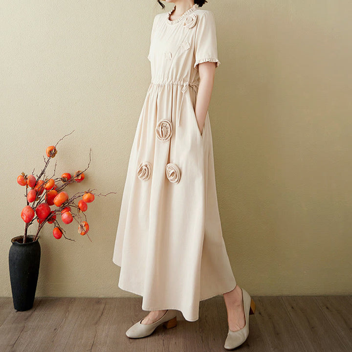 Buddha Stones Three-Dimensional Flower Ruffled Short Sleeve Cotton Linen Midi Dress With Pockets - image 20