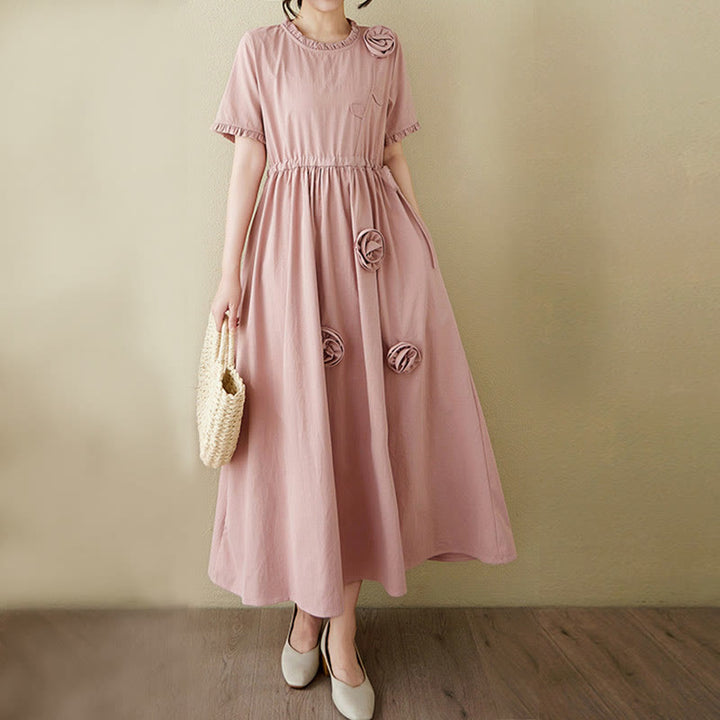 Buddha Stones Three-Dimensional Flower Ruffled Short Sleeve Cotton Linen Midi Dress With Pockets - image 5