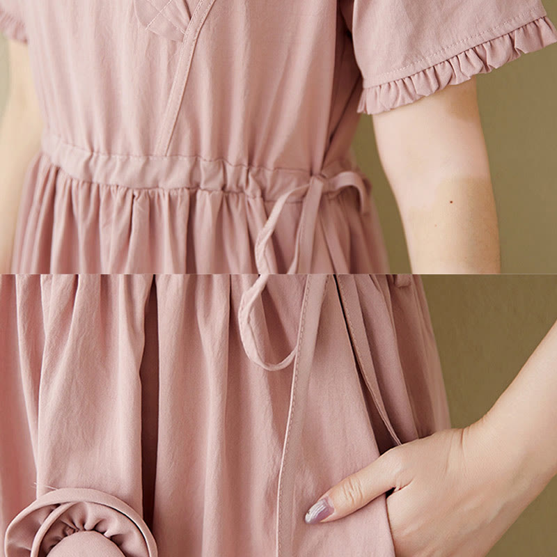 Buddha Stones Three-Dimensional Flower Ruffled Short Sleeve Cotton Linen Midi Dress With Pockets - image 14