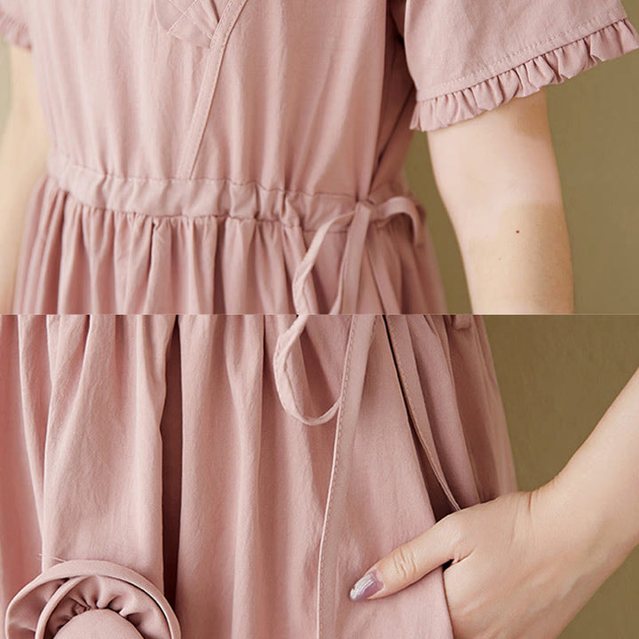 Buddha Stones Three-Dimensional Flower Ruffled Short Sleeve Cotton Linen Midi Dress With Pockets - image 14
