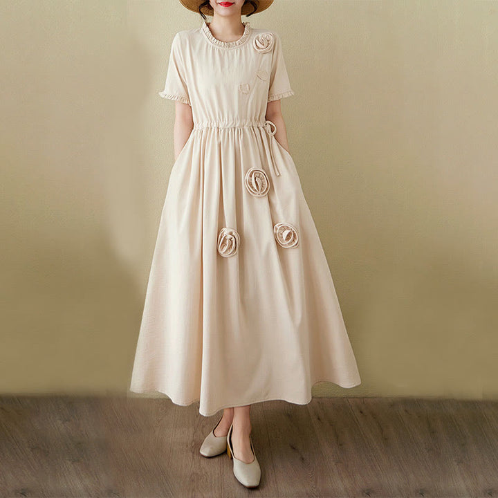 Buddha Stones Three-Dimensional Flower Ruffled Short Sleeve Cotton Linen Midi Dress With Pockets - image 18